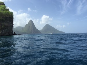 The first view of the Pitons, in the sunshine